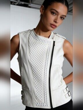 Nour Hammour White Lambskin Leather Studded Vest Moto Size EU 38